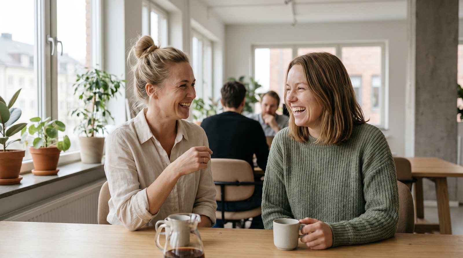 Maya and Sofia laughing together over coffee during an interview